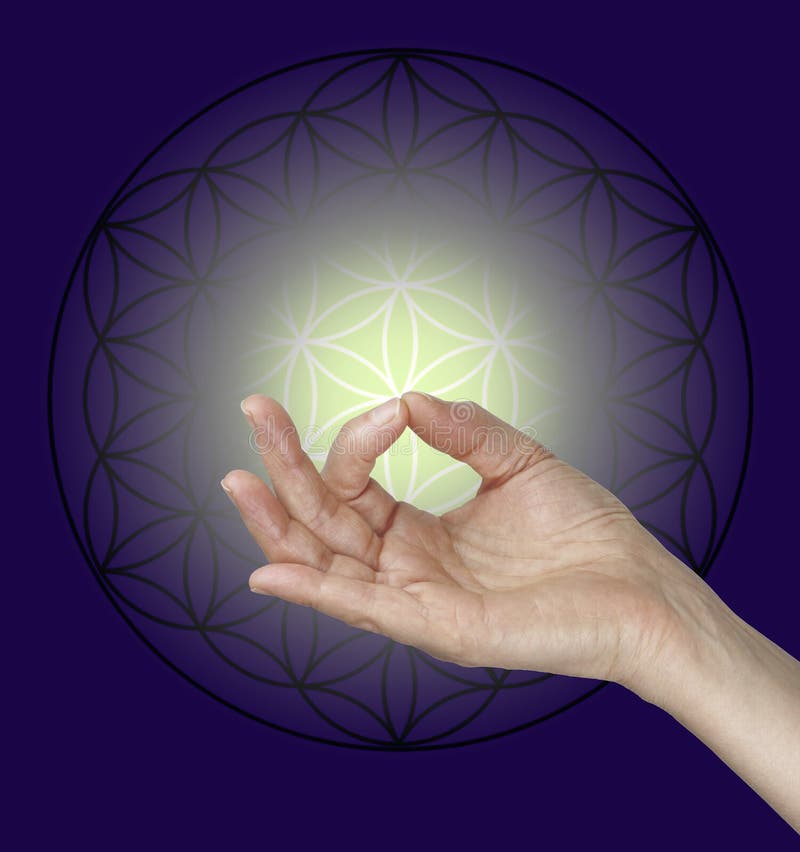 Female hand making Gyan Mudra hand position with the Flow of Life symbol in the background and a pale lemon glow surrounded by dark blue. Female hand making Gyan Mudra hand position with the Flow of Life symbol in the background and a pale lemon glow surrounded by dark blue
