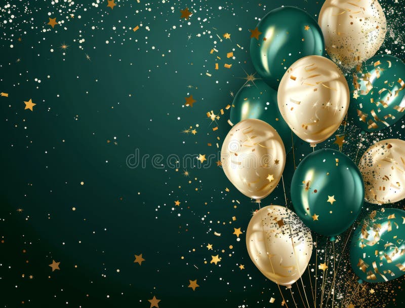 Gyllene och gröna ballonger konetti och stjärnor på en mörkgrön bakgrund. vektorillustration är en mall för en banderoll eller stock illustrationer