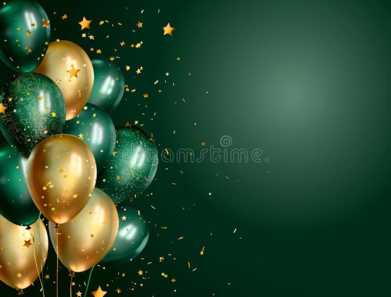 Gyllene och gröna ballonger konetti och stjärnor på en mörkgrön bakgrund. vektorillustration är en mall för en banderoll eller stock illustrationer