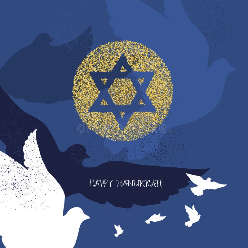 Golden Star of David with dove silhouettes vector illustration. Hanukkah greeting cards. Flying Pigeon symbol of peace. Golden Star of David with dove silhouettes vector illustration. Hanukkah greeting cards. Flying Pigeon symbol of peace.