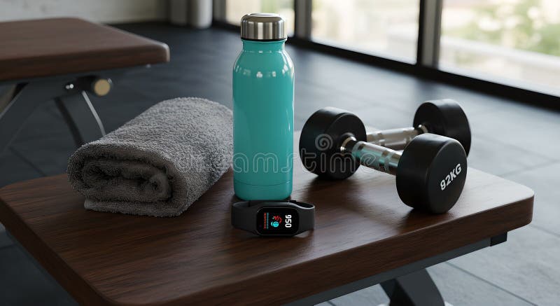 Gym Essentials : Handtuchflasche und Fitnesstracker vektor abbildung