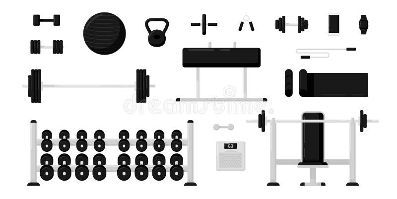 Gym Fitness Equipment Set in the Room with Beautiful Interior Design. Black  and White Color Stock Vector - Illustration of health, gymnastic: 176834463