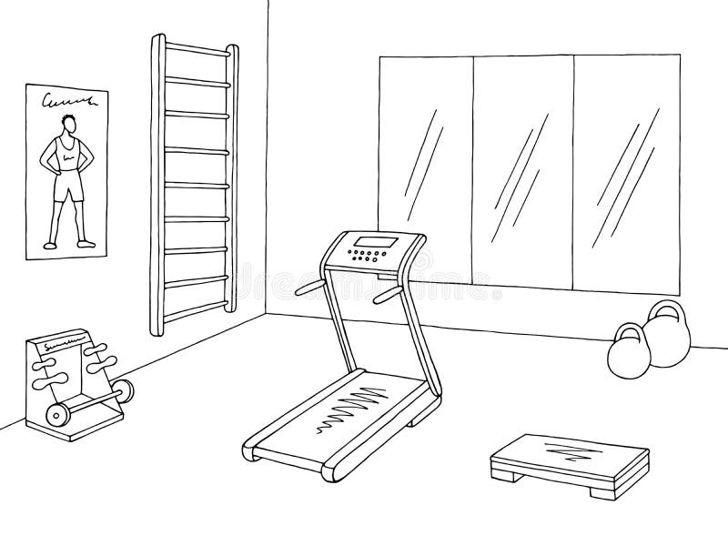 Gym Interior Graphic Black White Sketch Illustration Vector Stock