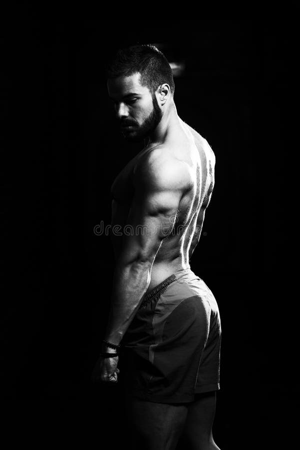 Gym modelo muscular considerável de Flexing Muscles In foto de stock