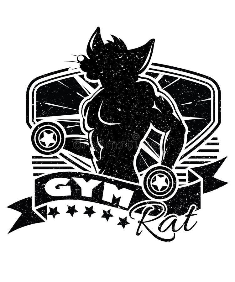 Gym rat graphic in s grunge distressed style of a body building rat lifting...