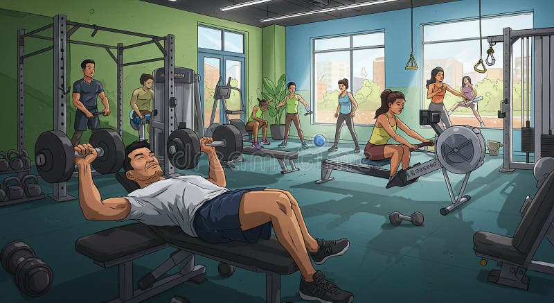 Gym setting featuring various individuals engaged in exercises. In the foreground stock illustration