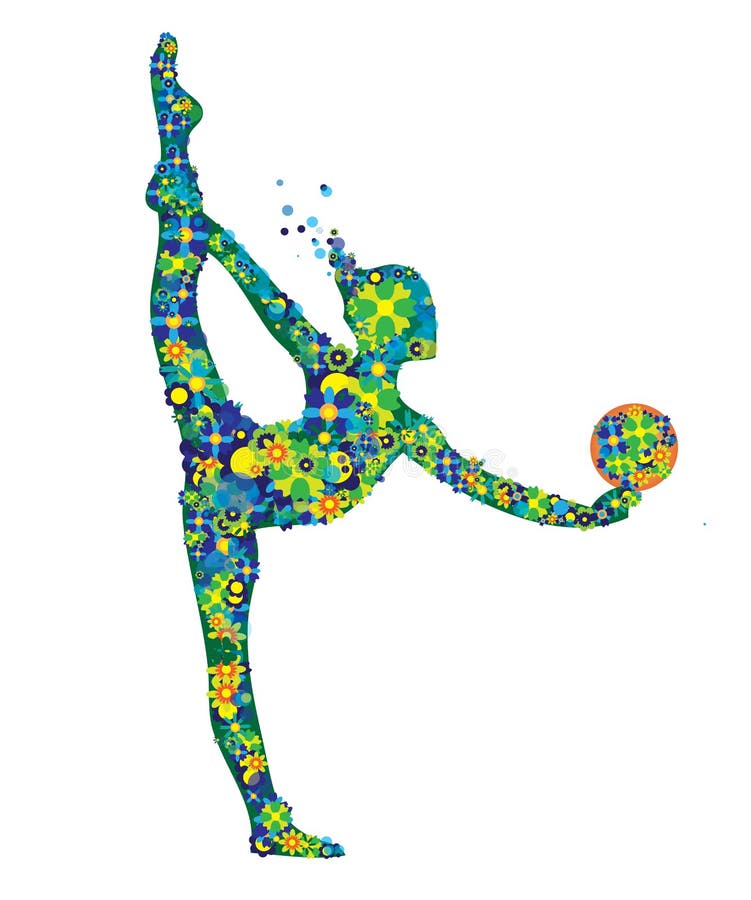 Gymnastic girl silhouette with green and blue flowers dress isolated royalty free illustration Gymnastic girl silhouette with green and blue flowers dress isolated royalty free illustration