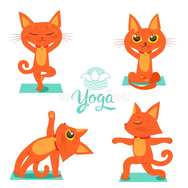 Gymnastics and Health. Set Cartoon Funny Cats Icons Doing Yoga