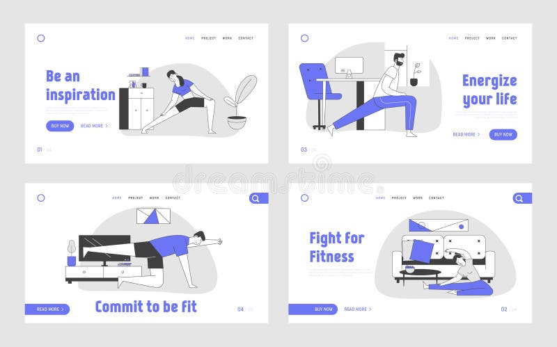 Gymnastics Workout at Home Website Landing Page Set. People Doing Fitness Exercises for Flexibility and Fit Body