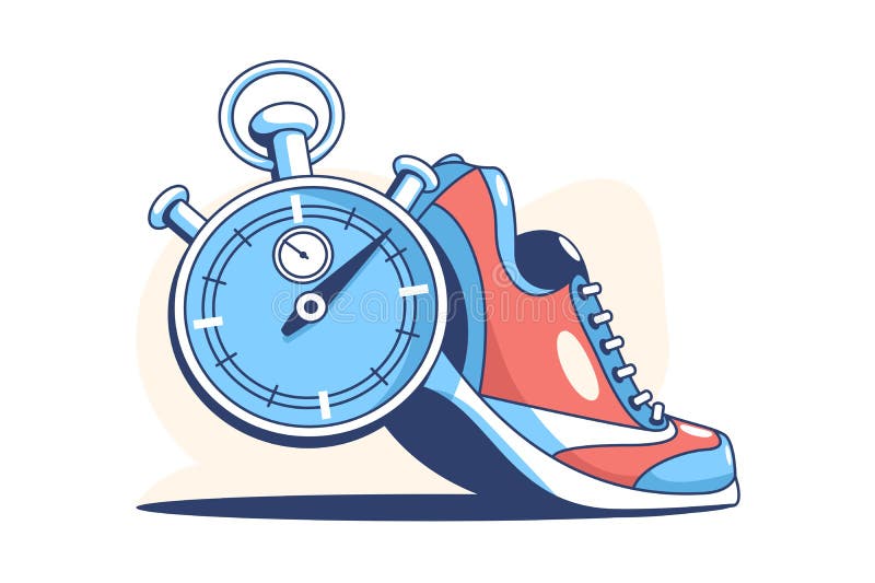 Sneaker and stop watch vector illustration. Comfy footwear and timer flat style. Active lifestyle. Sport and running competition concept. Isolated on white background. Sneaker and stop watch vector illustration. Comfy footwear and timer flat style. Active lifestyle. Sport and running competition concept. Isolated on white background