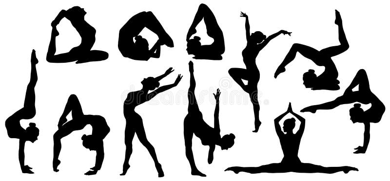 Gymnastics Poses Silhouette, Set of Flexible Gymnast Exercise, Acrobat Back Bend and Hand Stand Pose, People Shapes on White Background. Gymnastics Poses Silhouette, Set of Flexible Gymnast Exercise, Acrobat Back Bend and Hand Stand Pose, People Shapes on White Background