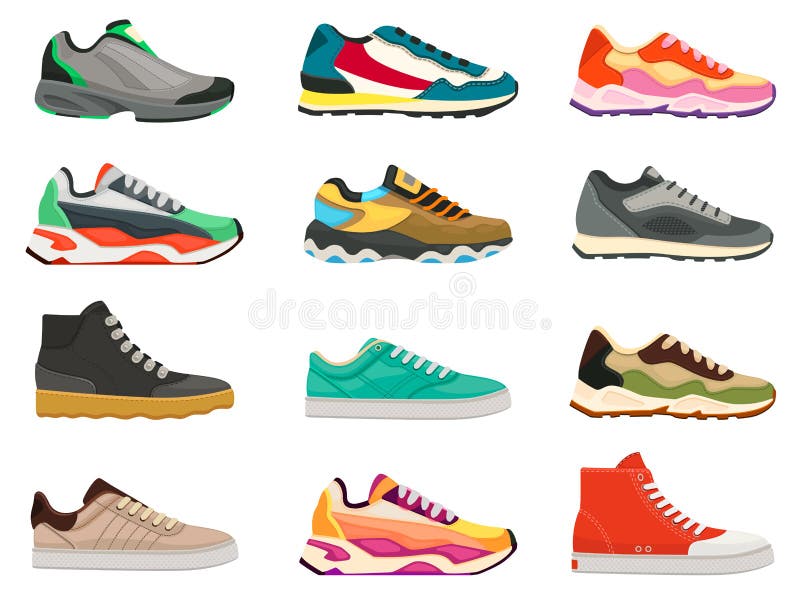 Sneakers shoes. Fitness footwear for sport, running and training. Colorful modern shoe designs. Sneaker side view cartoon icons vector set. Bright massive footwear for casual lifestyle. Sneakers shoes. Fitness footwear for sport, running and training. Colorful modern shoe designs. Sneaker side view cartoon icons vector set. Bright massive footwear for casual lifestyle