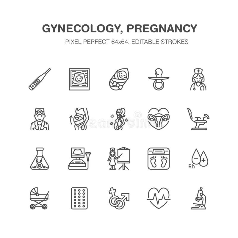 Gynecology, położnictwa mieszkania linii wektorowe ikony Ciążowi medyczni elementy - dziecko ultradźwięk w Vitro nawożeniu royalty ilustracja