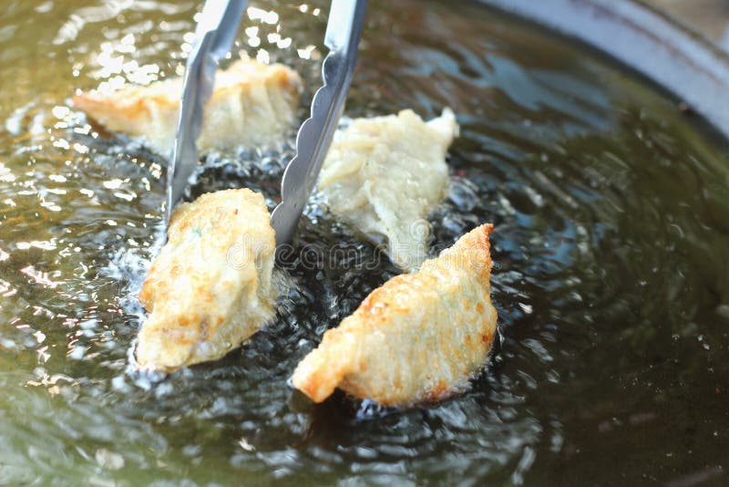 Gyoza frais frit dans une casserole photo stock Gyoza frais frit dans une casserole photo stock