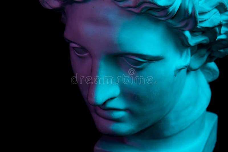 Gypsum Copy Of Ancient Statue Apollo Head Isolated On Black Background ...