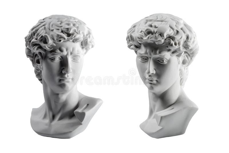 Gypsum statue of David& x27;s head. Michelangelo& x27;s David statue plaster copy isolated on white background. Ancient greek sculpture, statue of hero.