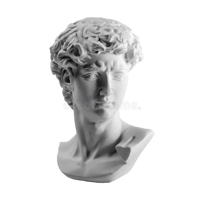 Gypsum statue of David`s head. Michelangelo`s David statue plaster copy isolated on white background. Ancient greek sculpture, statue of hero