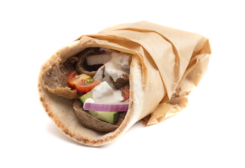 A Gyro with Vegetables and Garlic White Sauce on a White Background