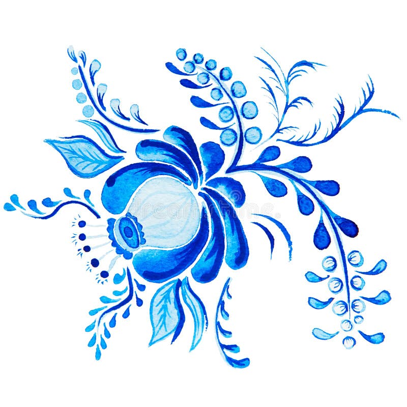 Gzhel. Watercolor drawing isolated blue flower and branches. Russian traditions, floral element