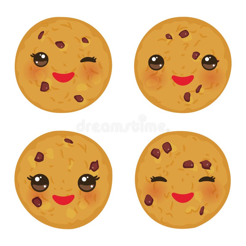 Gâteau aux pépites de chocolat de Kawaii réglé fraîchement cuit au four d'isolement sur le fond blanc Visage mignon avec les joue illustration libre de droits Gâteau aux pépites de chocolat de Kawaii réglé fraîchement cuit au four d'isolement sur le fond blanc Visage mignon avec les joue illustration libre de droits