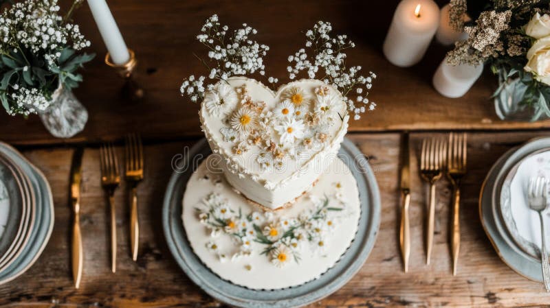 Gâteau de mariage en forme de coeur sur table rustique illustration stock