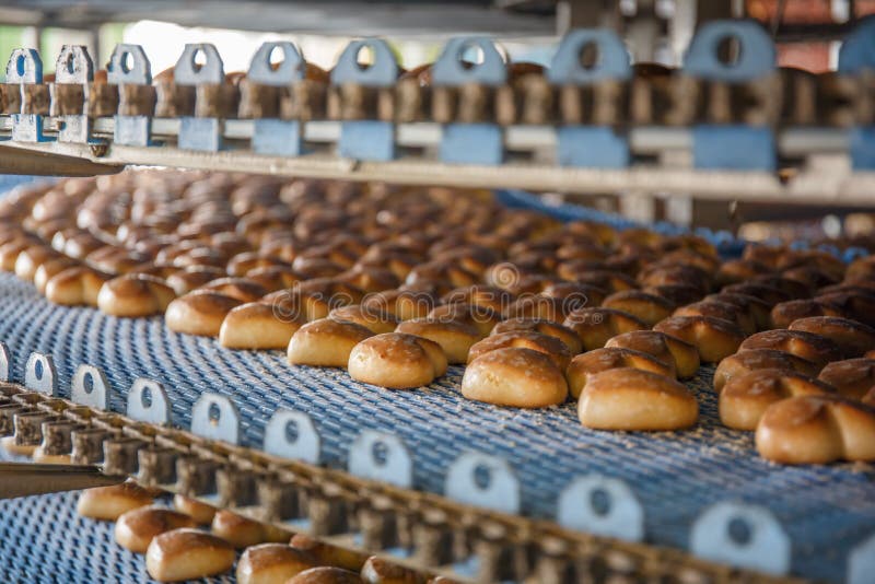 Gâteaux sur automatisé autour de la machine de convoyeur dans l'usine de nourriture de boulangerie, chaîne de production