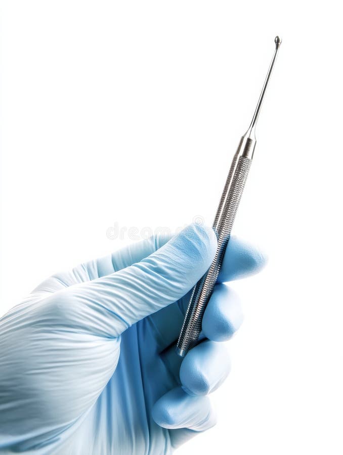 Gälskade Hand håller tandimplantationsverktyget mot en ren vit bakgrund i en klinisk inställning generativ AI. Handhandskar för tandläkarbruk med handskar som har ett specialiserat implantationsverktyg som är avsett för användning i munnen. AI genererad
