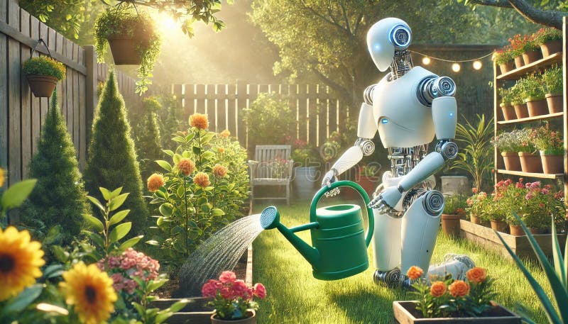 Gärtnern von Robotern in Garten-Bewässerungsanlagen und Blumen stock abbildung