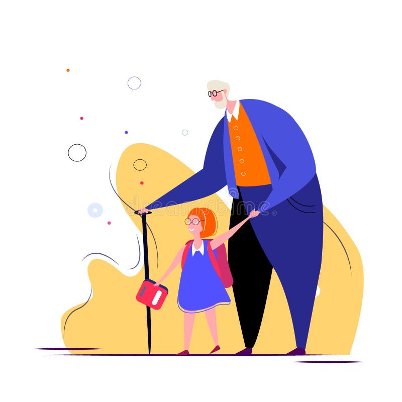 Gästfarfar tar sin dotterdotter till skolan på morgonen royaltyfri illustrationer