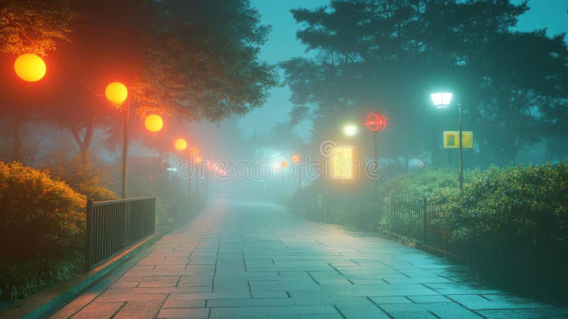 Gå bland ljusglimmer på en Foggy Path Cityscape Night Ambience royaltyfri fotografi