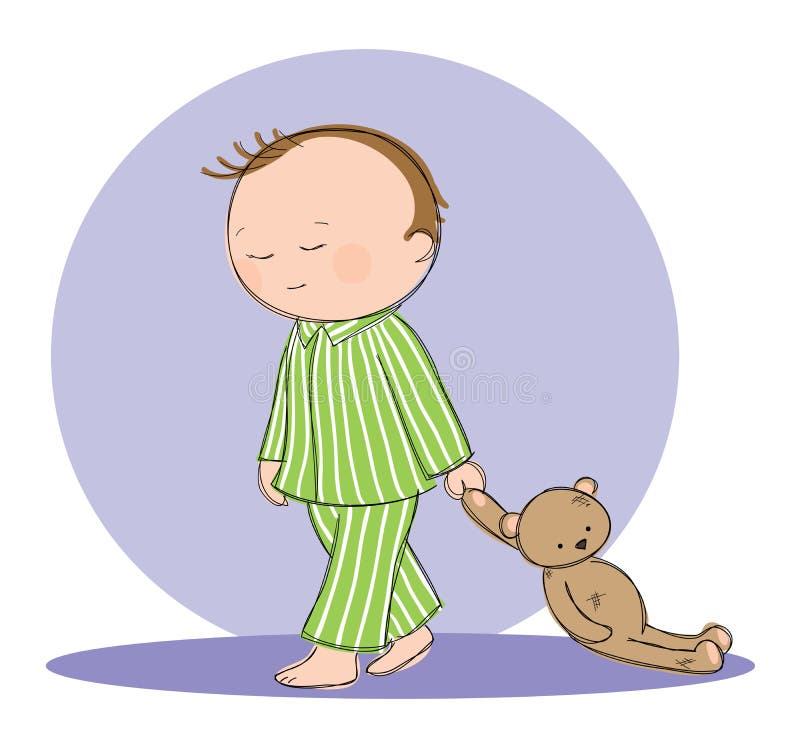 Hand drawn picture of boy sleep walking with his teddy bear. Illustrated in a loose style. Vector eps available. Hand drawn picture of boy sleep walking with his teddy bear. Illustrated in a loose style. Vector eps available.