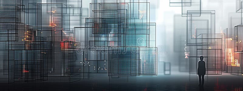 Gå in i ett mesmerierande abstrakt cityscape där 3d-kuber utgör en futuristisk metropolis stock illustrationer