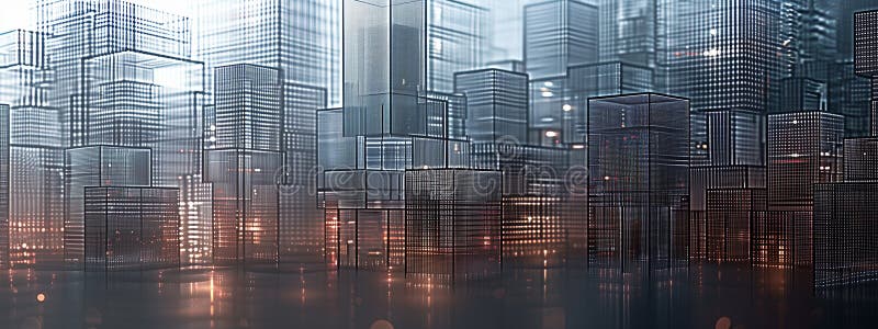 Gå in i ett mesmerierande abstrakt cityscape där 3d-kuber utgör en futuristisk metropolis vektor illustrationer
