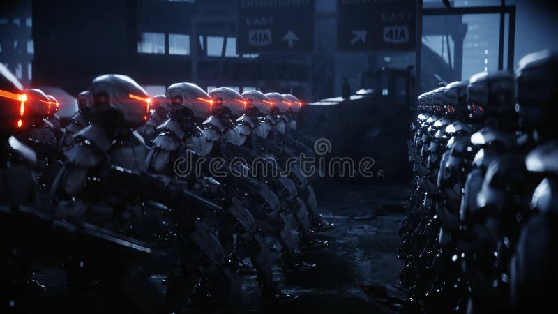Gå militära robotar Invasion av militära robotar Toppet realistiskt begrepp för dramatisk apokalyps framtid framförande 3d royaltyfri illustrationer Gå militära robotar Invasion av militära robotar Toppet realistiskt begrepp för dramatisk apokalyps framtid framförande 3d royaltyfri illustrationer