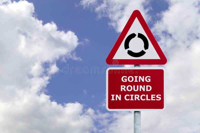 Concept image of the saying 'Going round in Circles' signpost against a blue cloudy sky. Concept image of the saying 'Going round in Circles' signpost against a blue cloudy sky