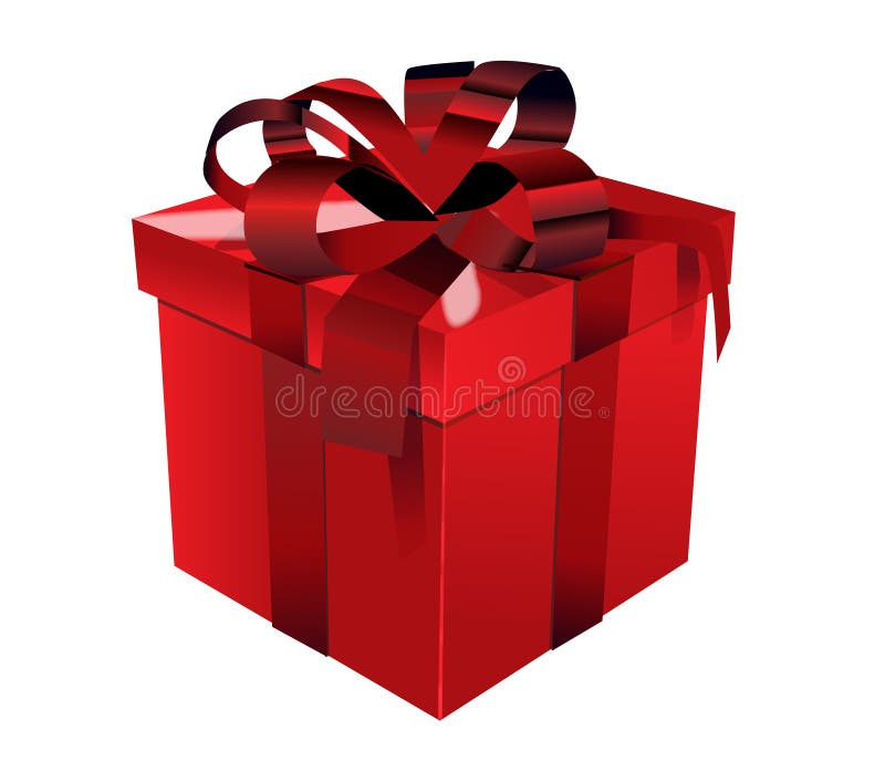 Red gift box &#x28;containing a present&#x29; with matching lid and tied with elaborate bows using red ribbon, white background. Red gift box &#x28;containing a present&#x29; with matching lid and tied with elaborate bows using red ribbon, white background.