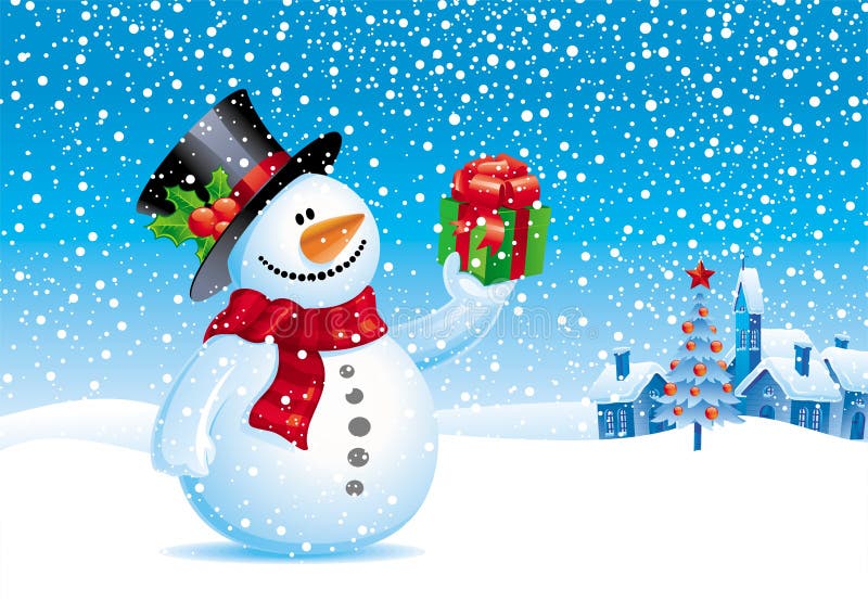 Snowman with gift for you - vector illustration. Snowman with gift for you - vector illustration