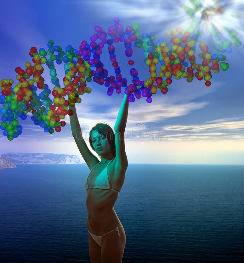 Young goddess holding DNA molecule helix in the blue cloudy sky over sea with supernal flash above. Young goddess holding DNA molecule helix in the blue cloudy sky over sea with supernal flash above.