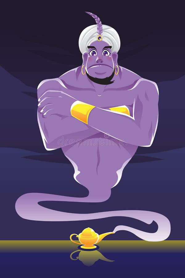 A vector illustration of a genie coming out of the genie lamp. A vector illustration of a genie coming out of the genie lamp