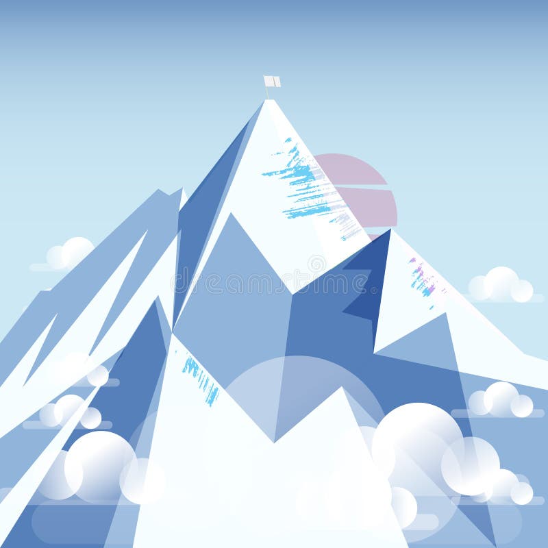 Mount Everest with white flag on the top. Highest snow mountain concept - illustration. Mount Everest with white flag on the top. Highest snow mountain concept - illustration