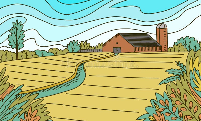 Rural Mountain landscapes. Farm field and cabin. Agriculture and Vineyard. Green hills and meadows, country background for banner or web. Vector illustration. Hand draw engrave vintage sketch. Rural Mountain landscapes. Farm field and cabin. Agriculture and Vineyard. Green hills and meadows, country background for banner or web. Vector illustration. Hand draw engrave vintage sketch