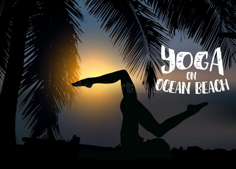Gör den slanka kvinnan för konturn yogaövning på havstranden på solnedgången Palmträd omkring royaltyfri illustrationer