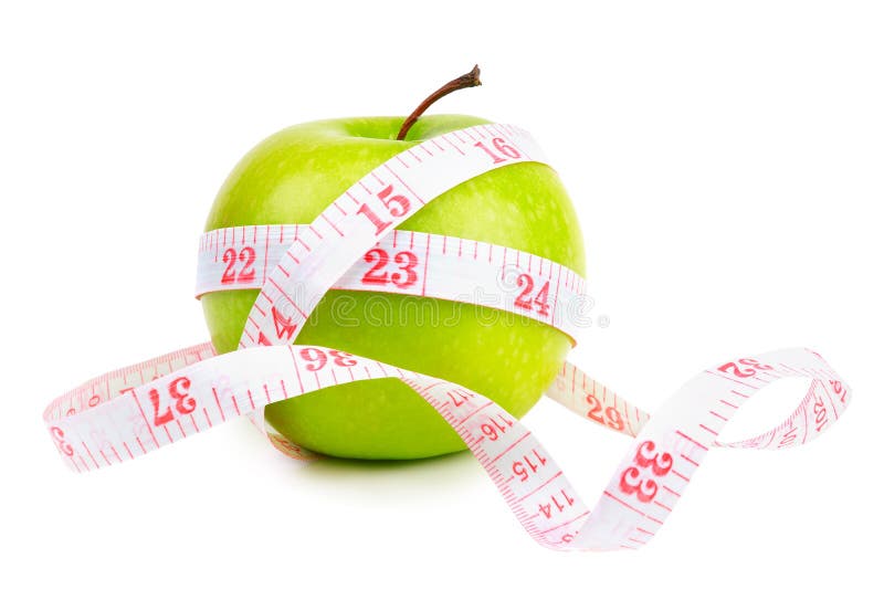 Green apple and measure tape on white background. Green apple and measure tape on white background