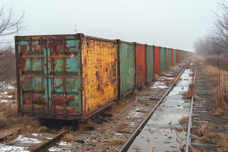 Güterzugwagen auf Parallelstrecken - eine Szene von industriellem Charme mit verwitterten Containern stock abbildung