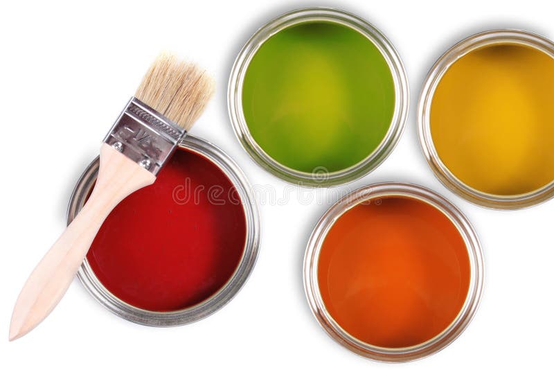 Găleți colorate pentru vopsit cu pensulă royalty free stock images