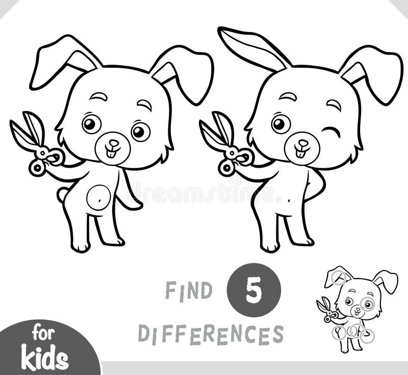 Găsi diferențe de educație joc alb-negru pentru copii Draguta desene animate Iepure și foarfece royalty free illustration