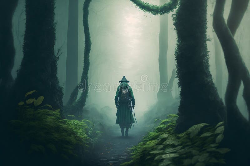 Găsirea păcii în singurătate : explorarea pădurii cu ajutorul generativ exclusiv stock illustration