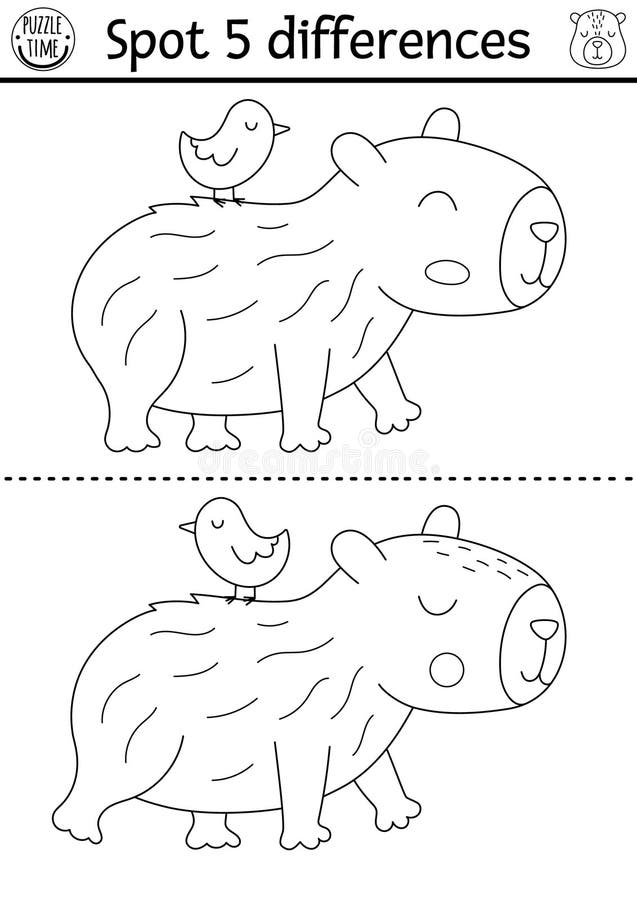 Găsiți diferențe de joc pentru copii. Capybara, activitate educațională alb-negru, cu un animal drăguț cu păsări pe spate. Linie stock illustration