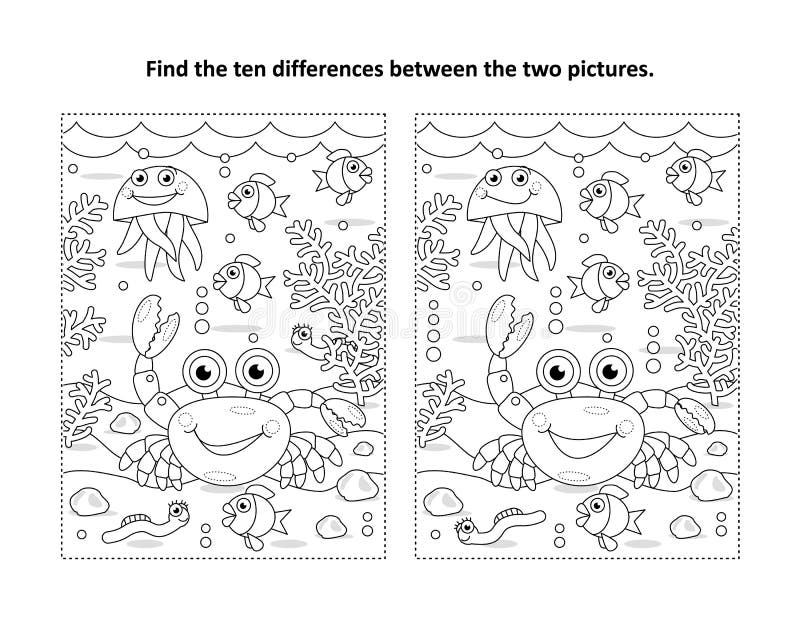 Găsiți zece diferențe în imagine puzzle-ul și colorarea paginii crabului viața de mare neagră și albă stock illustration