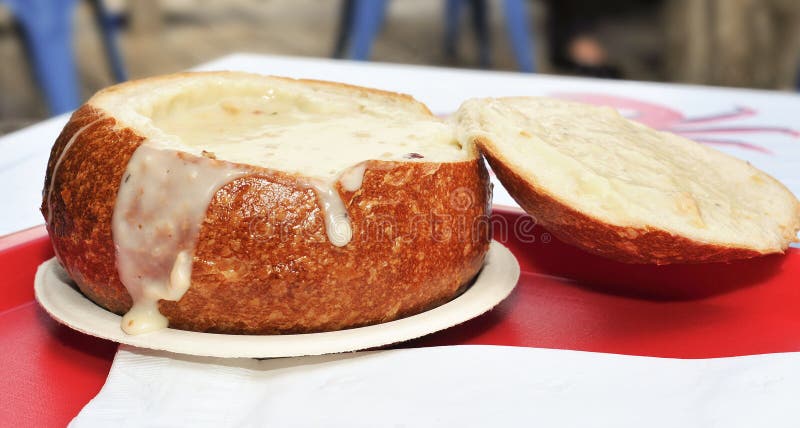 Closeup of a typical San Francisco chowder served in a bread bowl. Closeup of a typical San Francisco chowder served in a bread bowl